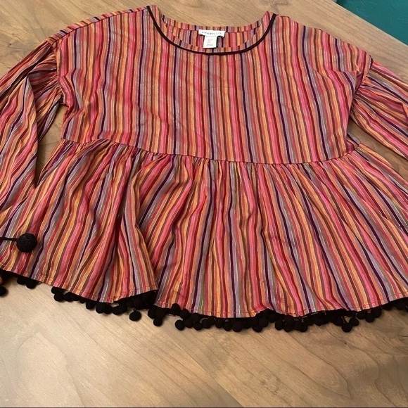 Amaryllis Metallic Stripe Pom Pom Boho Peasant Blouse Size Small - Picture 9 of 9